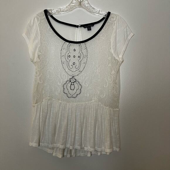 AEO Sheer See-through Blouse Peplum White & Black Medium - Picture 2 of 9